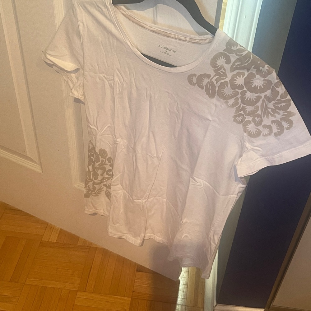 Liz Claiborne White and Gray Floral Blouse